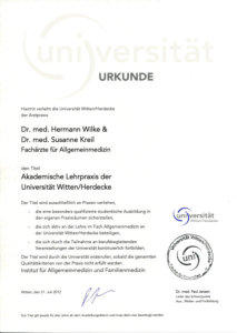 Urkunde als Lehrpraxis der Universität Witten-Herdecke